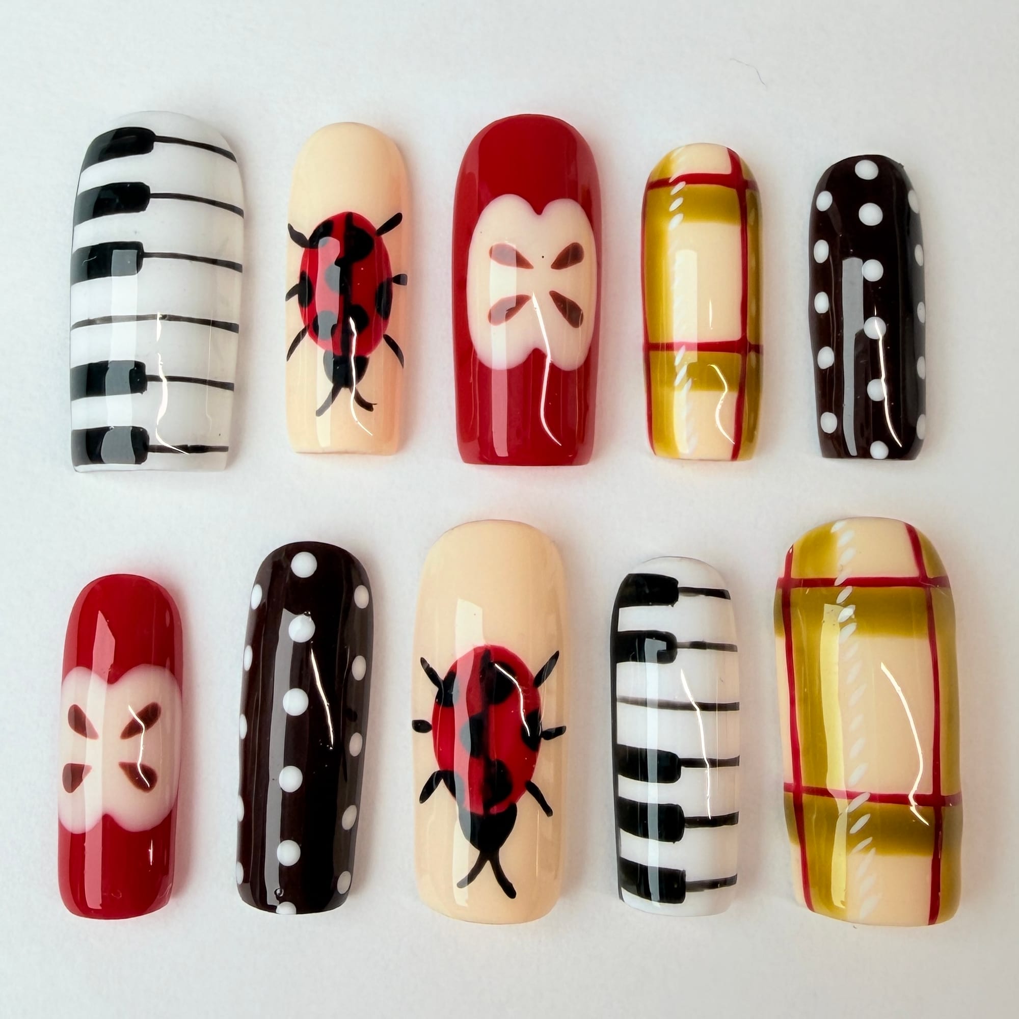 Ladybugs, polkadots, piano pieces, apples, and plaid